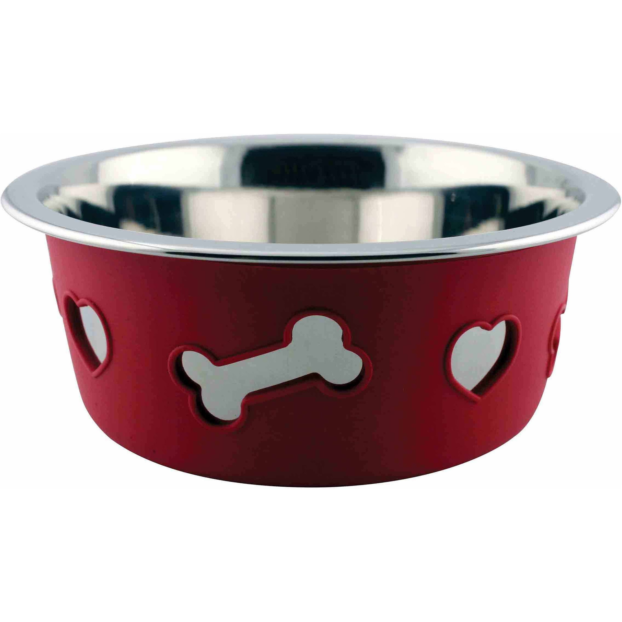 Weatherbeeta Non-Slip Stainless Steel Silicone Bone Dog Bowl - Raspberry