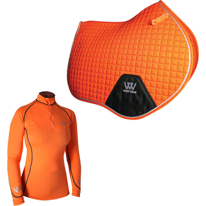 2022 Woof Wear Womens Performance Riding Shirt & Close Contact Saddle Cloth Bundle - Orange