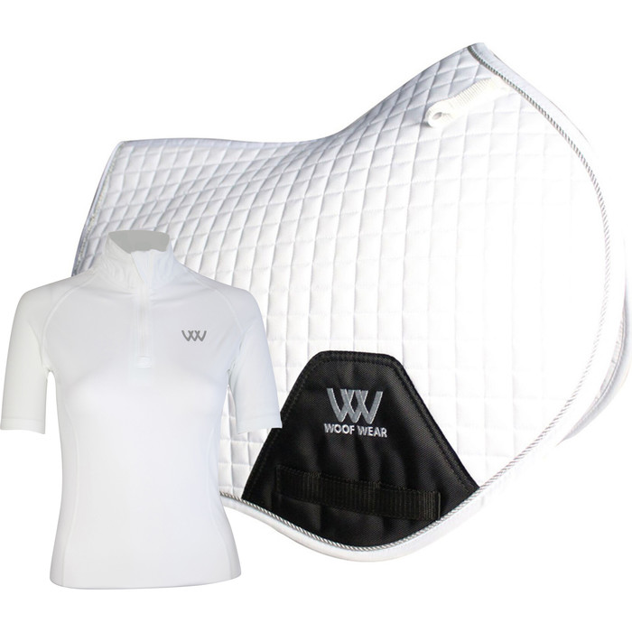 2022 Woof Wear Close Contact Saddle Cloth & Womens Short Sleeve Performance Riding Shirt Bundle WA0006,WS0003 - White