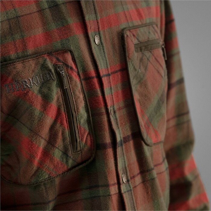 Men's Pajala Shirt - Red Autumn Check Flannel With Suede Reinforcements & Zipped Pockets