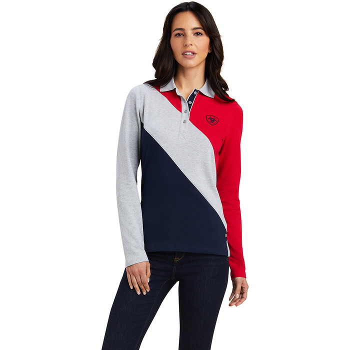 2022 Ariat Womens Taryn Long Sleeve Polo Top 10041356 - Red / Grey / Navy