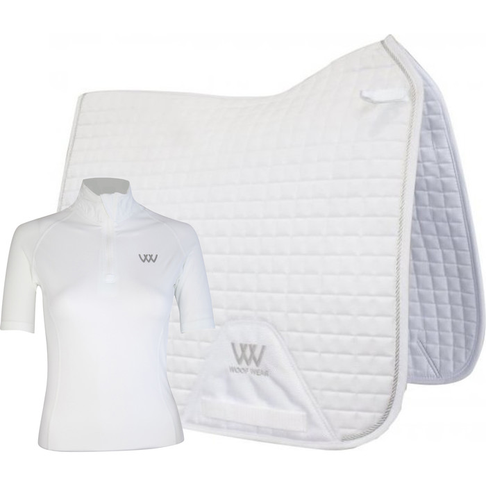 2022 Woof Wear Dressage Saddle Cloth & Womens Short Sleeve Performance Riding Shirt Bundle WA0006/2 - White